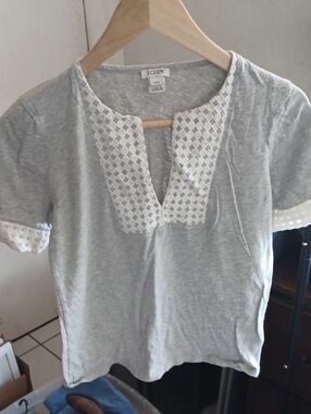 J. Crew Light Gray Short Sleeve Top with White Lace Yoke